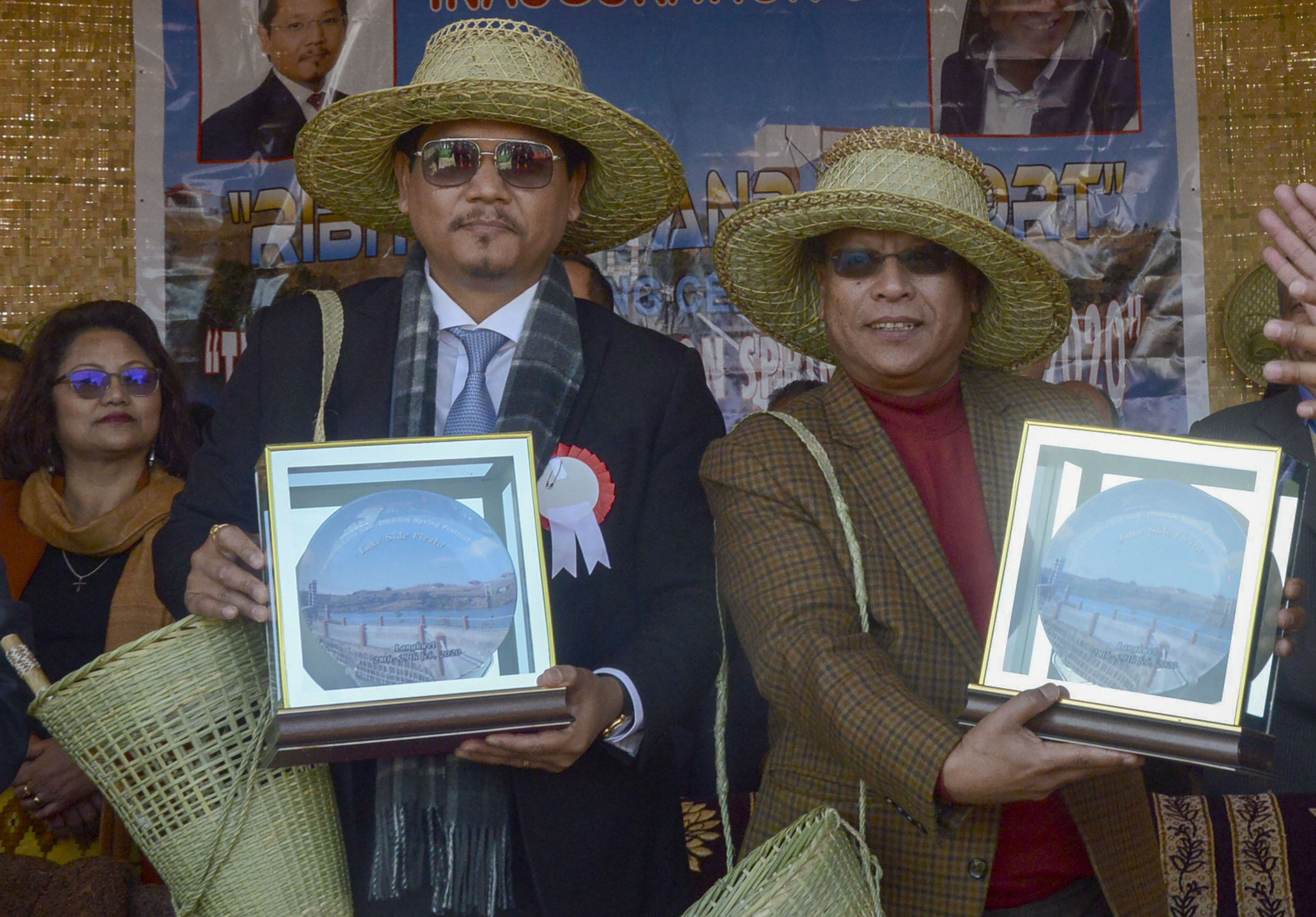 Meghalaya Chief Minister Conrad K. Sangma and Deputy Chief Minister Prestone Tynsong being felicitated during inauguration of Ribbit Lake Resort on the occasion of ‘Spring Festival 2020-Lakeside Fiesta’ organised jointly by the department of tourism, civil administration and Raid Nongkhlieng, at Langkawet in East Khasi Hills district