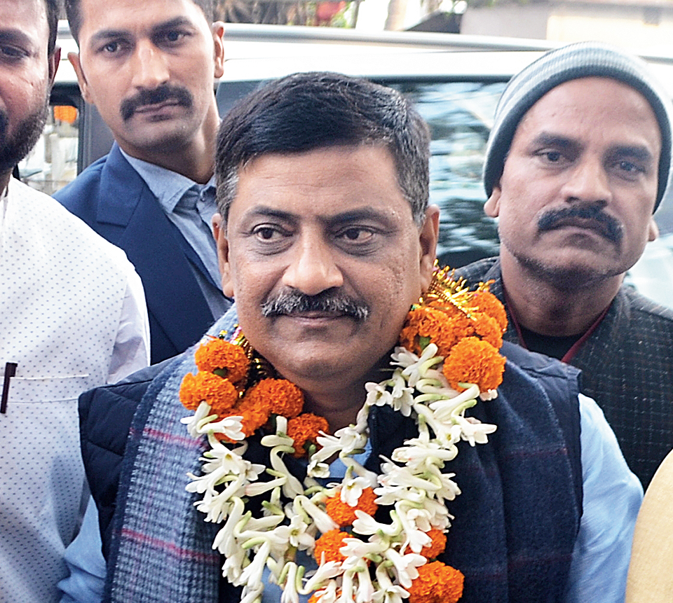 Bihar minister Sanjay Jha in Dhanbad on Wednesday.
