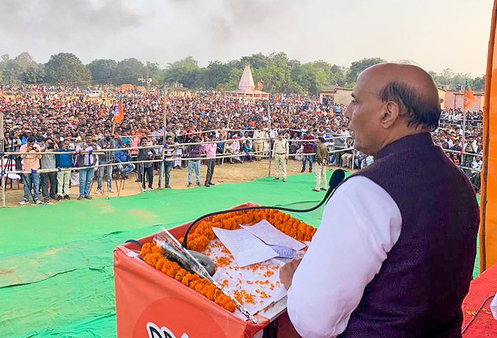 Union Defence Minister Rajnath Singh addresses a public meeting ahead of Jharkhand Assembly elections, in Dhanbad, Sunday, December 8, 2019.
