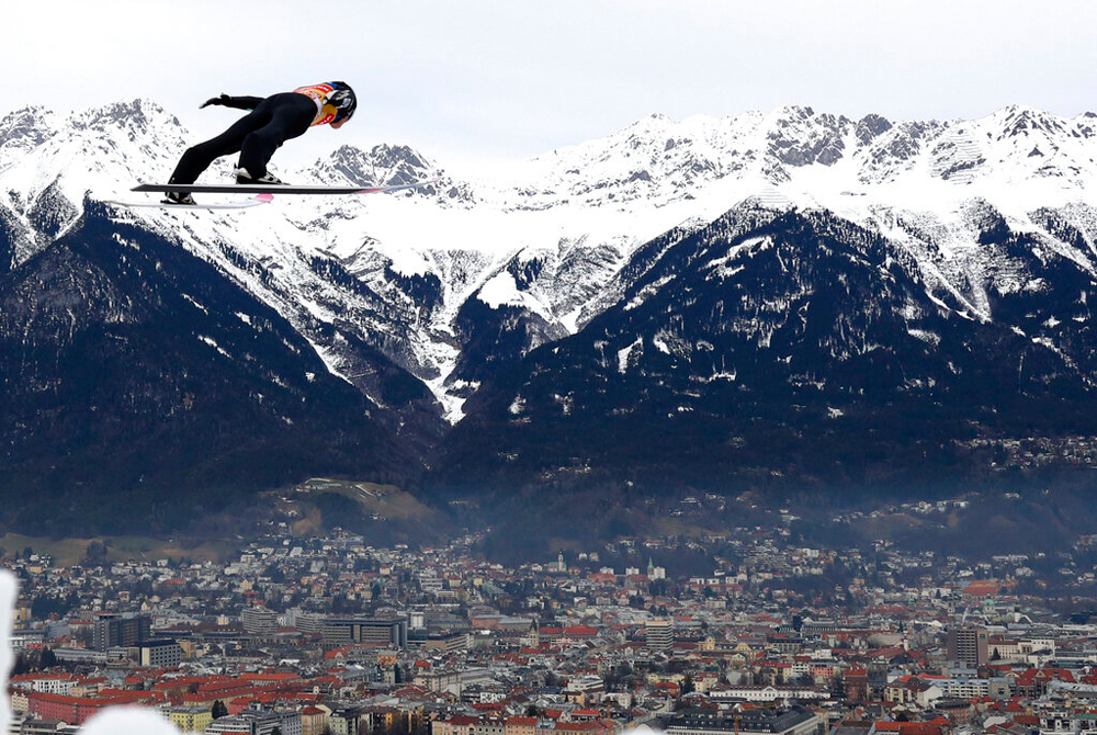 Ryoyu Kobayashi of Japan soars through the air during the trial round of the 68th four hills ski jumping tournament in Innsbruck, Austria, on January 3