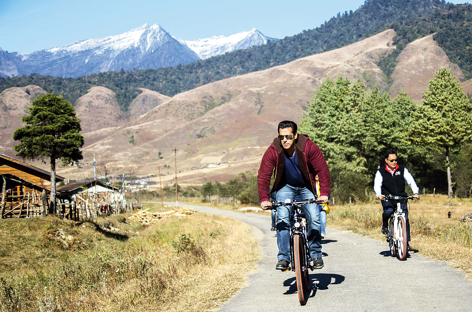 Actor Salman Khan rides a bicycle at Mechuka on Thursday. 