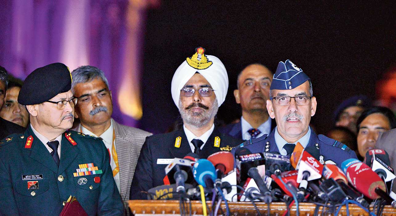 (From right) Air Vice-Marshal RGK Kapoor, Rear Admiral Dalbir Singh Gujral and Maj Gen. Surinder Singh Mahal at the media conference. 