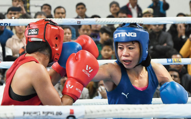 Mary Kom during her bout against Nikhat Zareen in New Delhi on Saturday