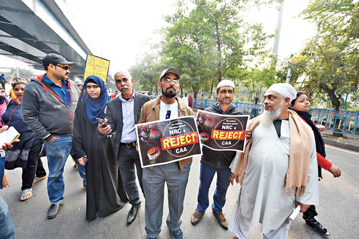A man from Zakaria Street said as a citizen, he felt betrayed that the amended citizenship bill had been passed in Parliament. Naem Salehjee (third from left), who works at a mobile showroom in Chandni Chowk, had come with a group from his neighbourhood. “I am grateful to my Christian brothers and sisters for their support. But I also feel betrayed by the lawmakers who are sent to Parliament as our representatives. The Opposition should have fought tooth and nail to block the bill,” Salehjee said.