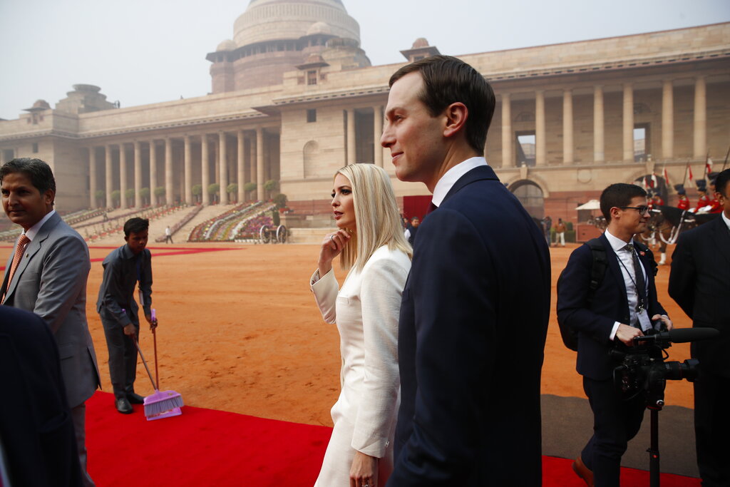 White House Senior Adviser Jared Kushner and his wife Ivanka Trump arrive at Rashtrapati Bhavan, the presidential palace, for a ceremonial welcome for US President Donald Trump in New Delhi, India, Tuesday