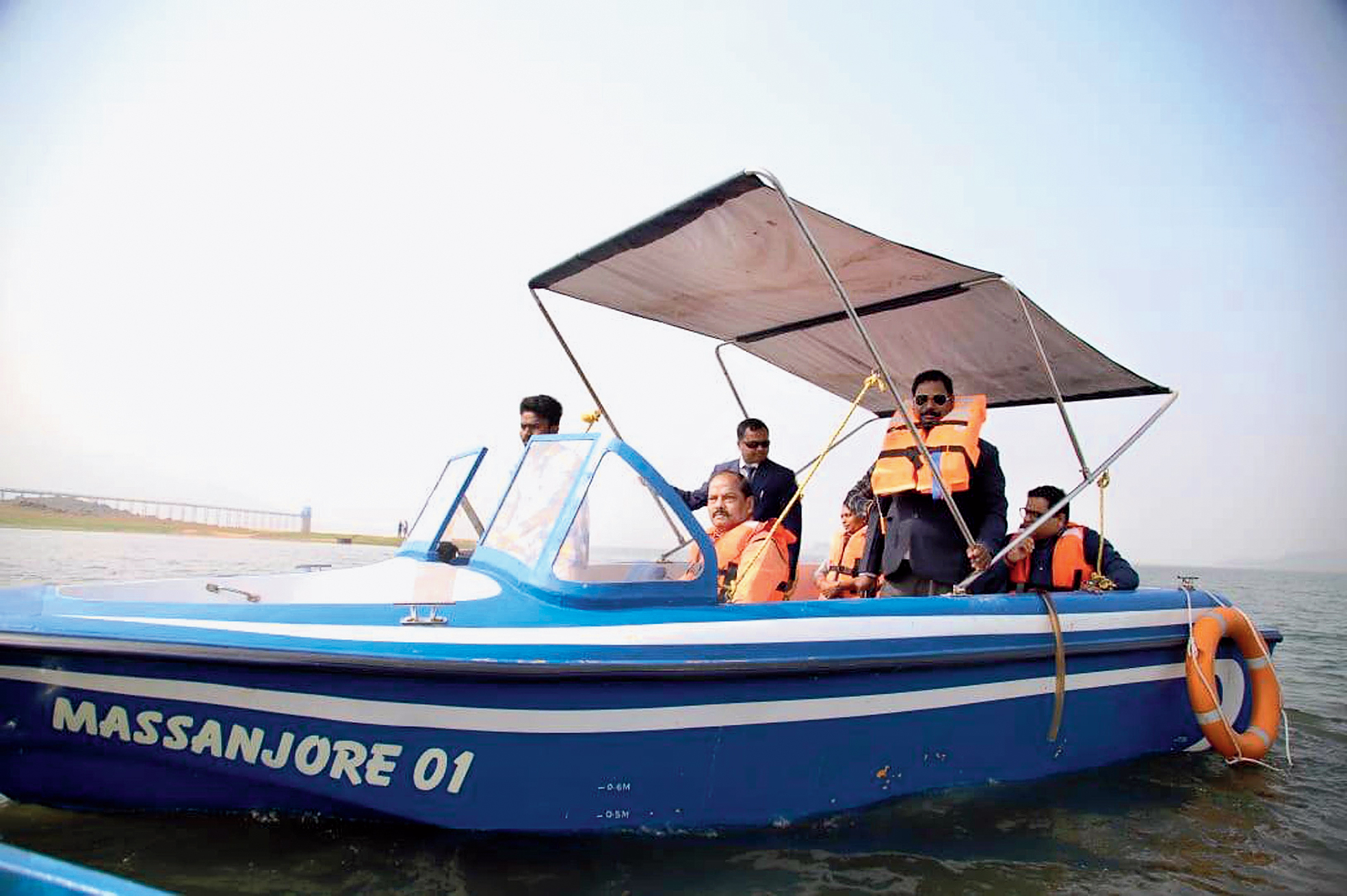 Cruise mode: Chief minister Raghubar Das (seated in front) enjoys a boat ride at Massanjore dam in Dumka on Tuesday. 