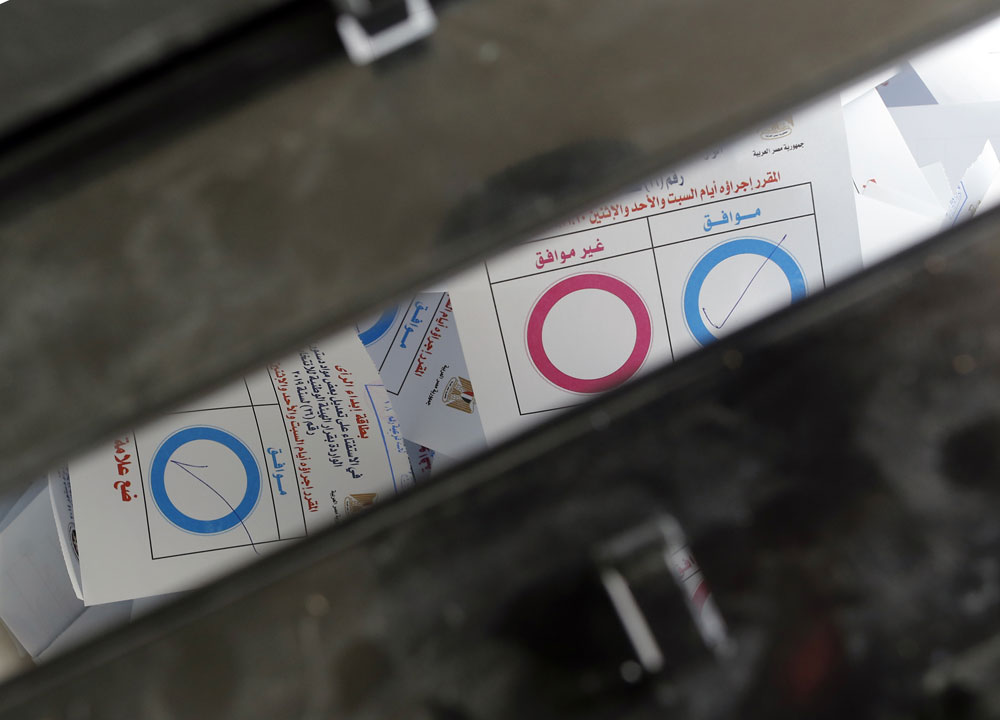 Ballots on constitutional amendments inside a ballot box on the second day of the three-day voting at a polling station in Cairo, Egypt, Sunday, April 21, 2019.