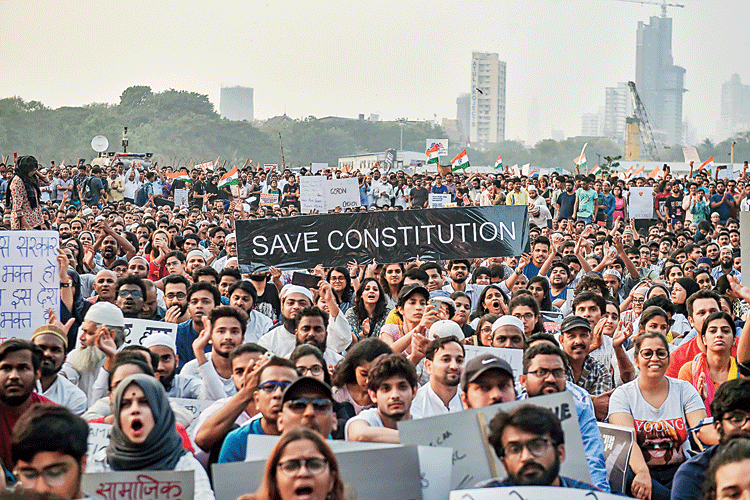 Students and activists hold a protest rally at Azad Maidan in Mumbai, the second one against the citizenship law and NRC at the ground from where the Quit India movement was launched, on Friday.