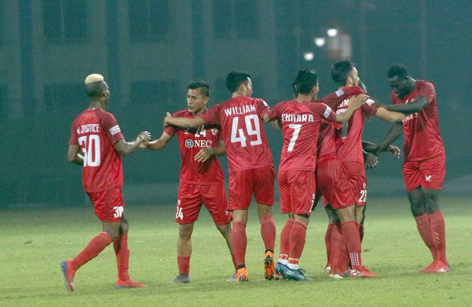 Aizawl FC celebrates their victory against East Bengal on Friday