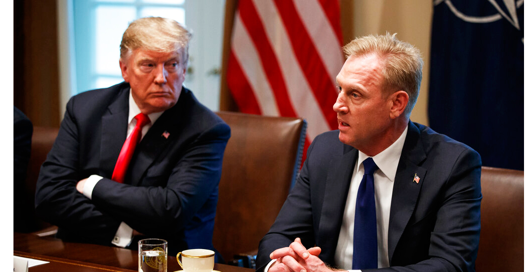 President Donald Trump listens as acting Secretary of Defense Patrick Shanahan speaks during an expanded bilateral meeting with NATO Secretary General Jens Stoltenberg in the Cabinet Room of the White House, Tuesday, April 2, 2019, in Washington.