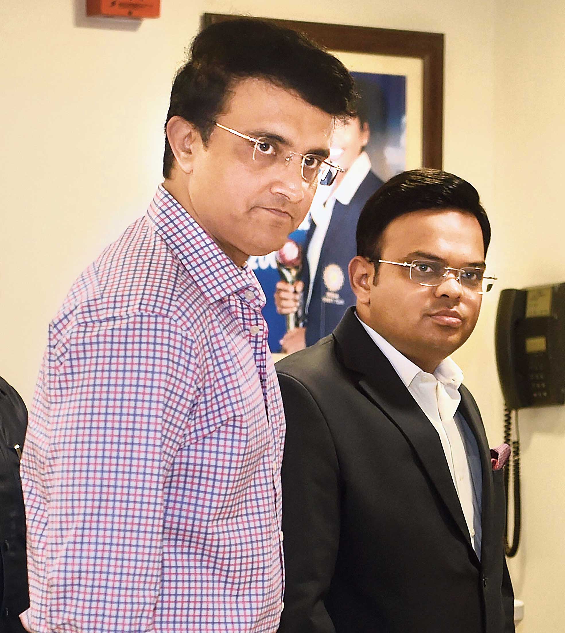 BCCI president Sourav Ganguly and secretary Jay Shah arrive at the Cricket Centre in Mumbai.