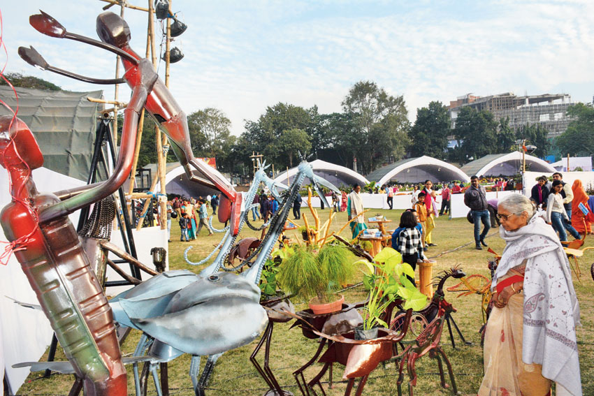 A visitor admires birds made of scrap metal at the flower show in Jamshedpur on Sunday
