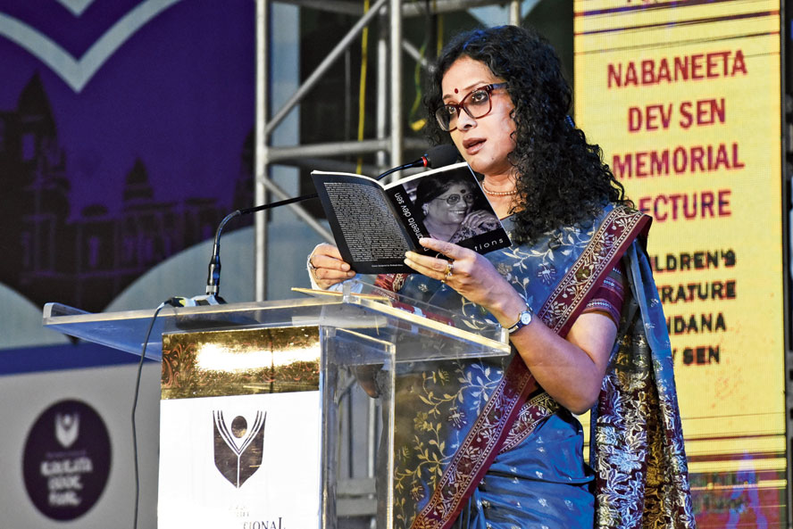 Nandana Dev Sen delivers the Nabaneeta Dev Sen Memorial Lecture at the Kolkata Literature Festival on Thursday

