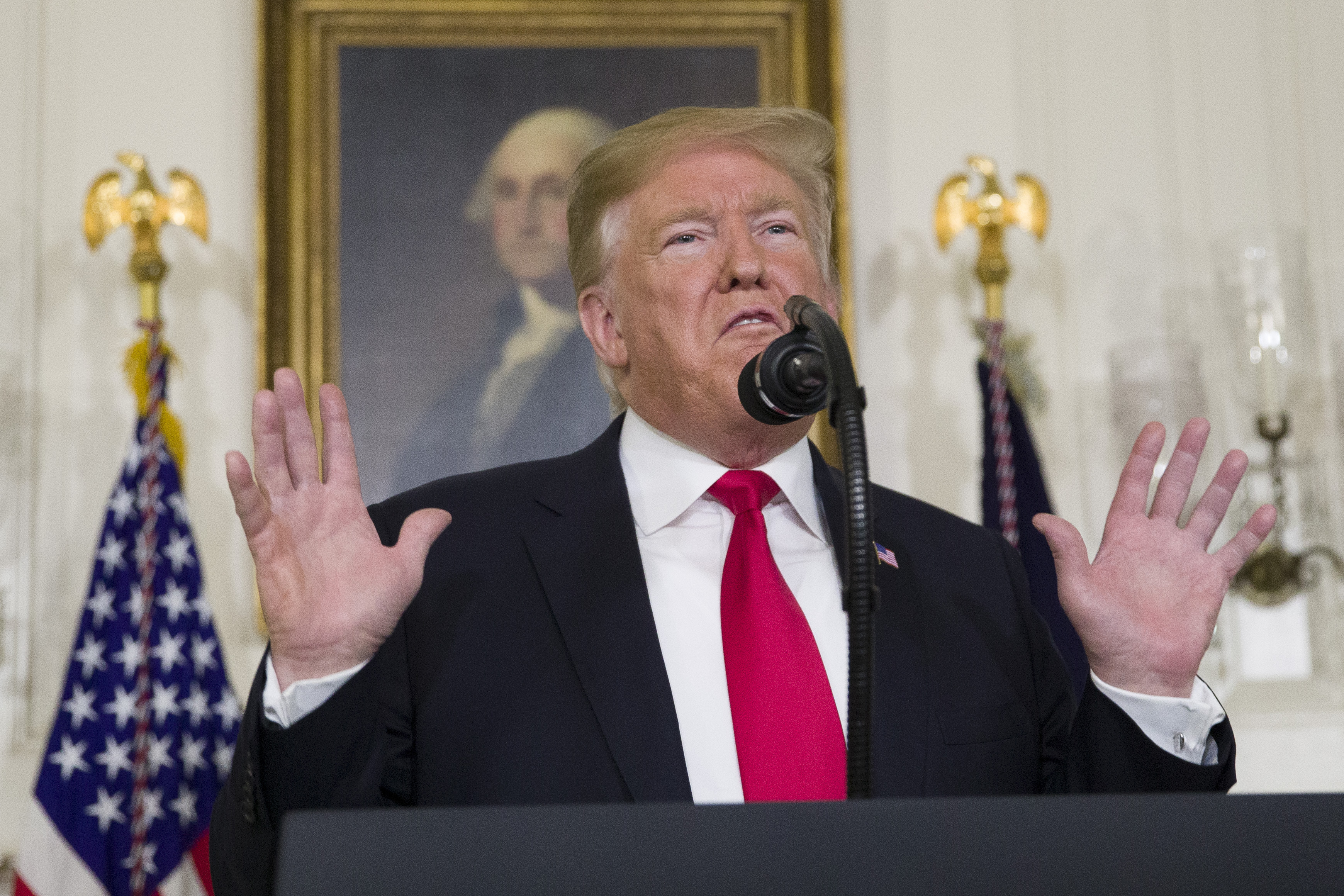 President Donald Trump speaks about the partial government shutdown, immigration and border security in the Diplomatic Reception Room of the White House in Washington on January 19.