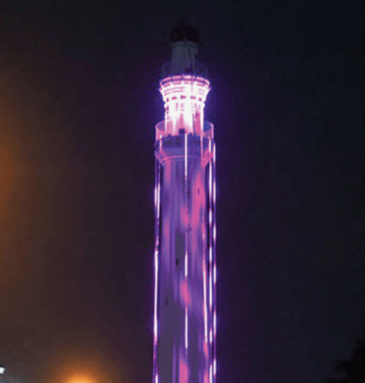 The Shahid Minar basks in a pink glow on the eve of the first-ever pink ball day-night Test to be played in India. 