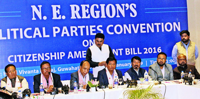 UDP leader Donkupar Roy, Mizoram chief minister Zoramthanga, Meghalaya chief minister Conrad K. Sangma, AGP president Atul Bora and his party colleagues, Keshab Mahanta and Prafulla Kumar Mahanta, at the meeting in Guwahati on Tuesday