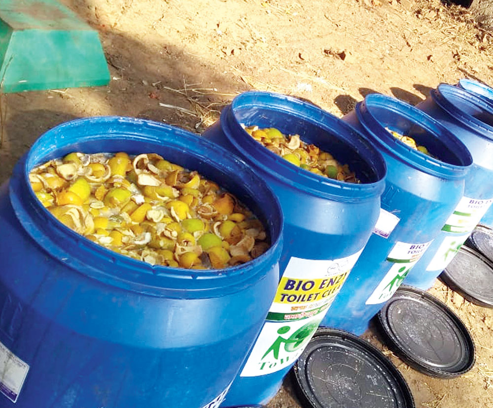 Green cause: Fruit leftovers packed in plastic drums and ready for fermentation in Jamshedpur. 
