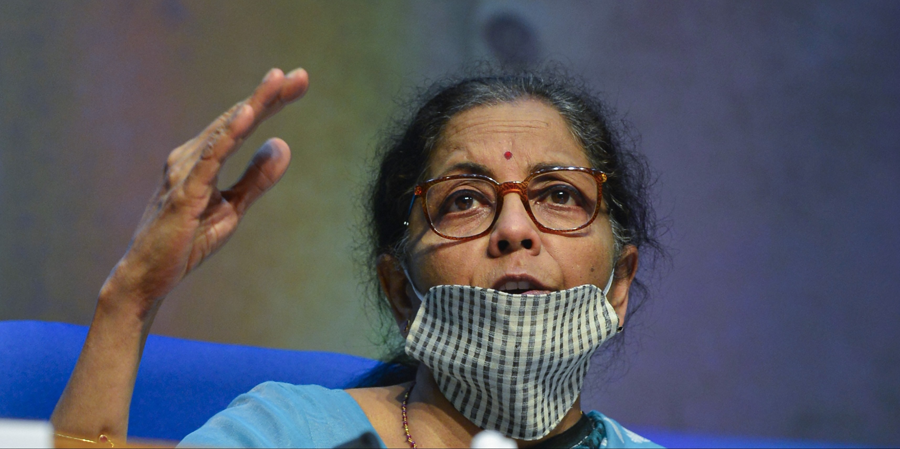 Nirmala Sitharaman announces the government economic package during a news conference in New Delhi on May 13, 2020. 