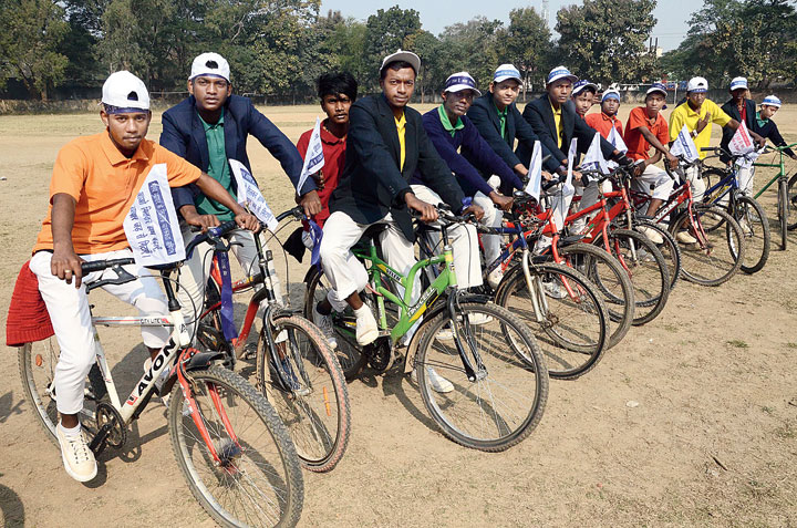 Youths take part in the bicycle rally at St Paul’s Ground in Ranchi on Saturday. 