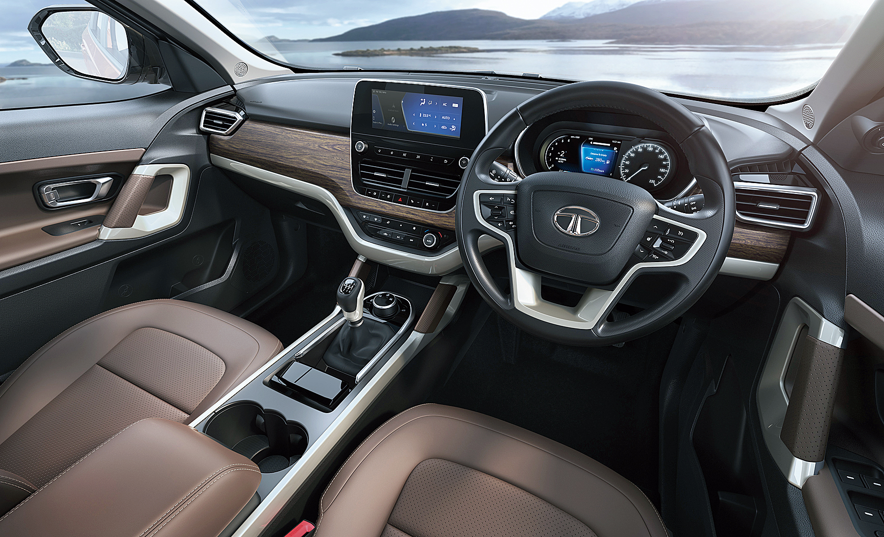 The dash looks good with dark faux wood, black and brushed aluminium finish