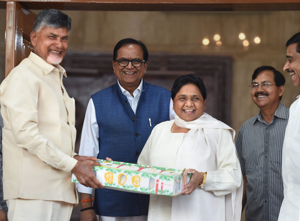 Andhra Pradesh Chief Minister and TDP president Chandrababu Naidu  being welcomed by BSP president Mayawati at her residence in Lucknow, Saturday, May 18, 2019
