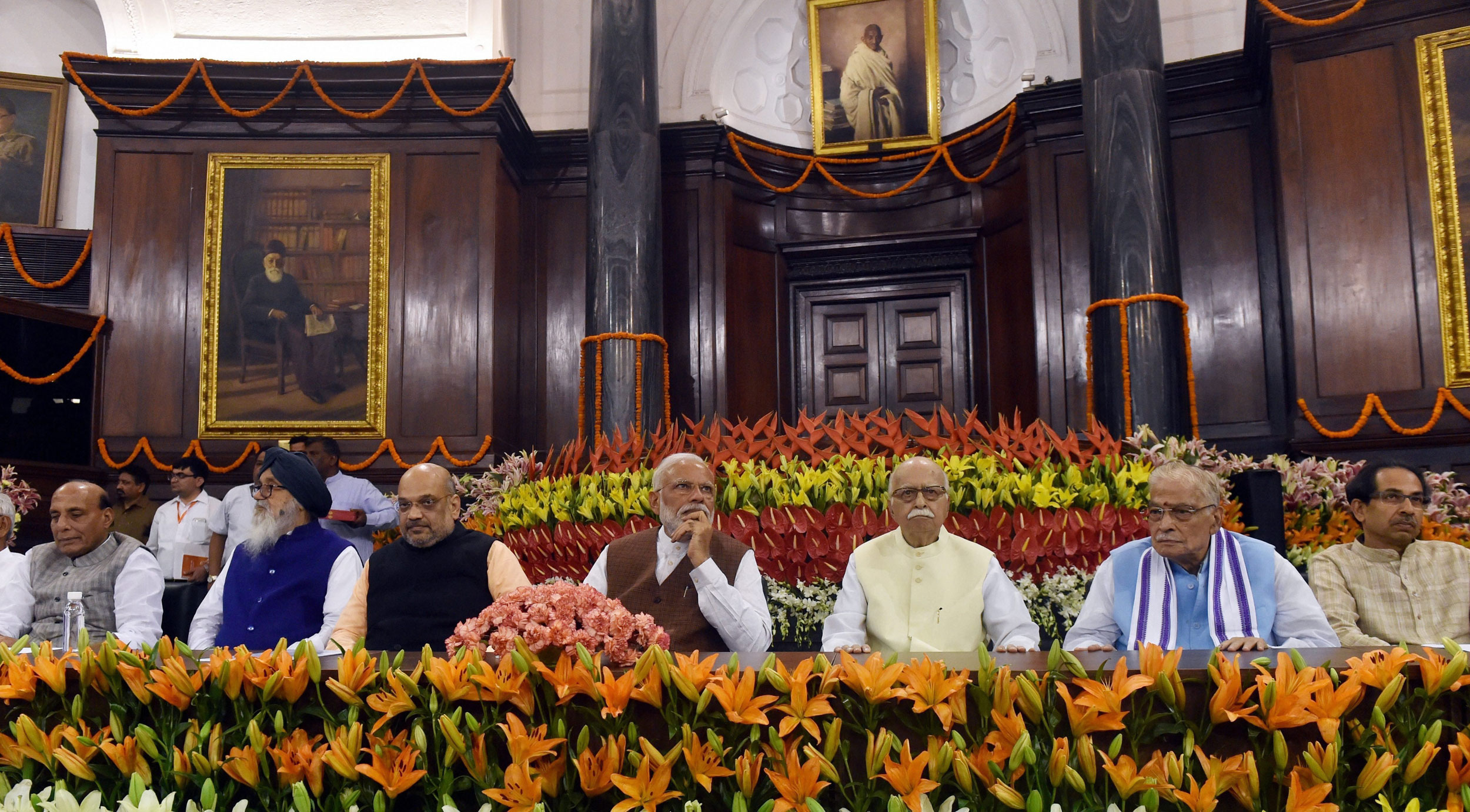 Narendra Modi with BJP chief Amit Shah, senior leaders Rajnath Singh, L.K. Advani and others, during the NDA parliamentary board meeting at Parliament House, in New Delhi, on May 25, 2019. 