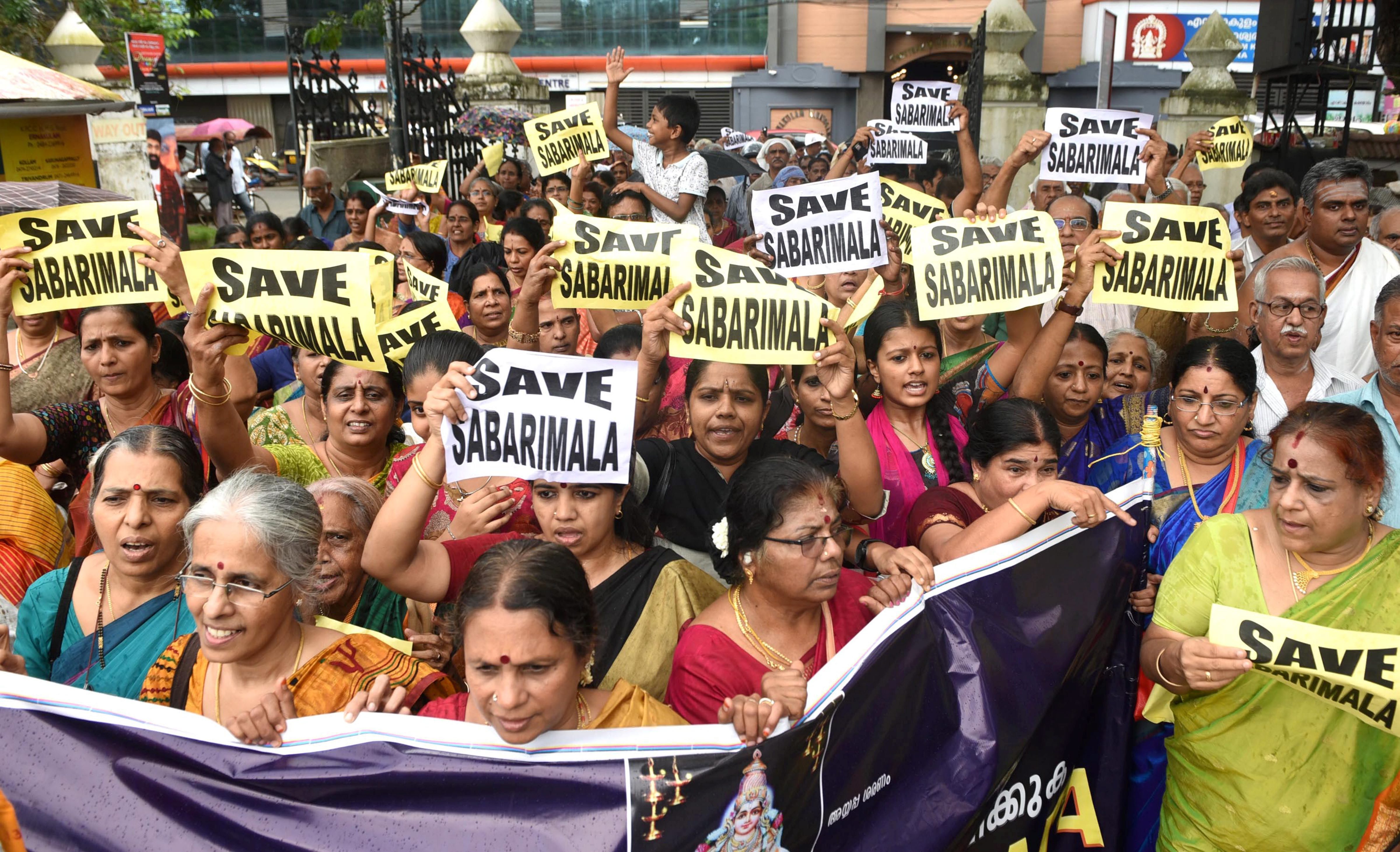 Devotees, mostly women, gathered in Ernakulam on Sunday, October 09, against the Supreme Court verdict on the entry of women of all ages into the Sabarimala Temple