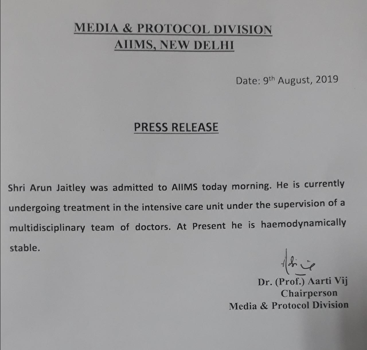 The AIIMS news release on Jaitley's medical condition