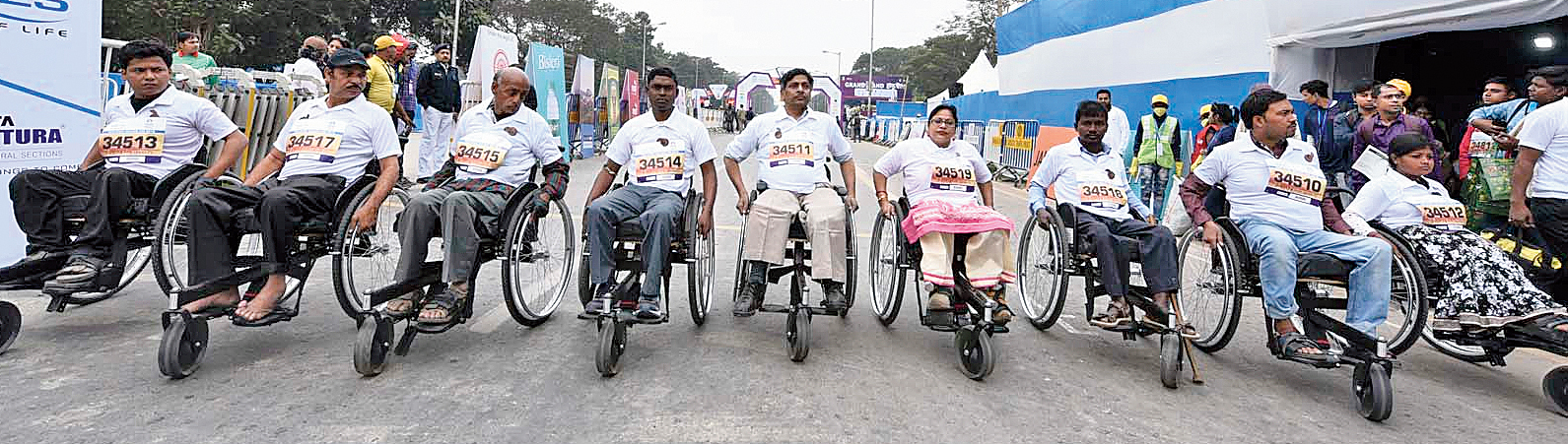 Nine persons on wheelchairs from Burdwan took part in the Champions with Disability category of the race. The customised wheelchairs have been provided by the NGO, Motivation India.