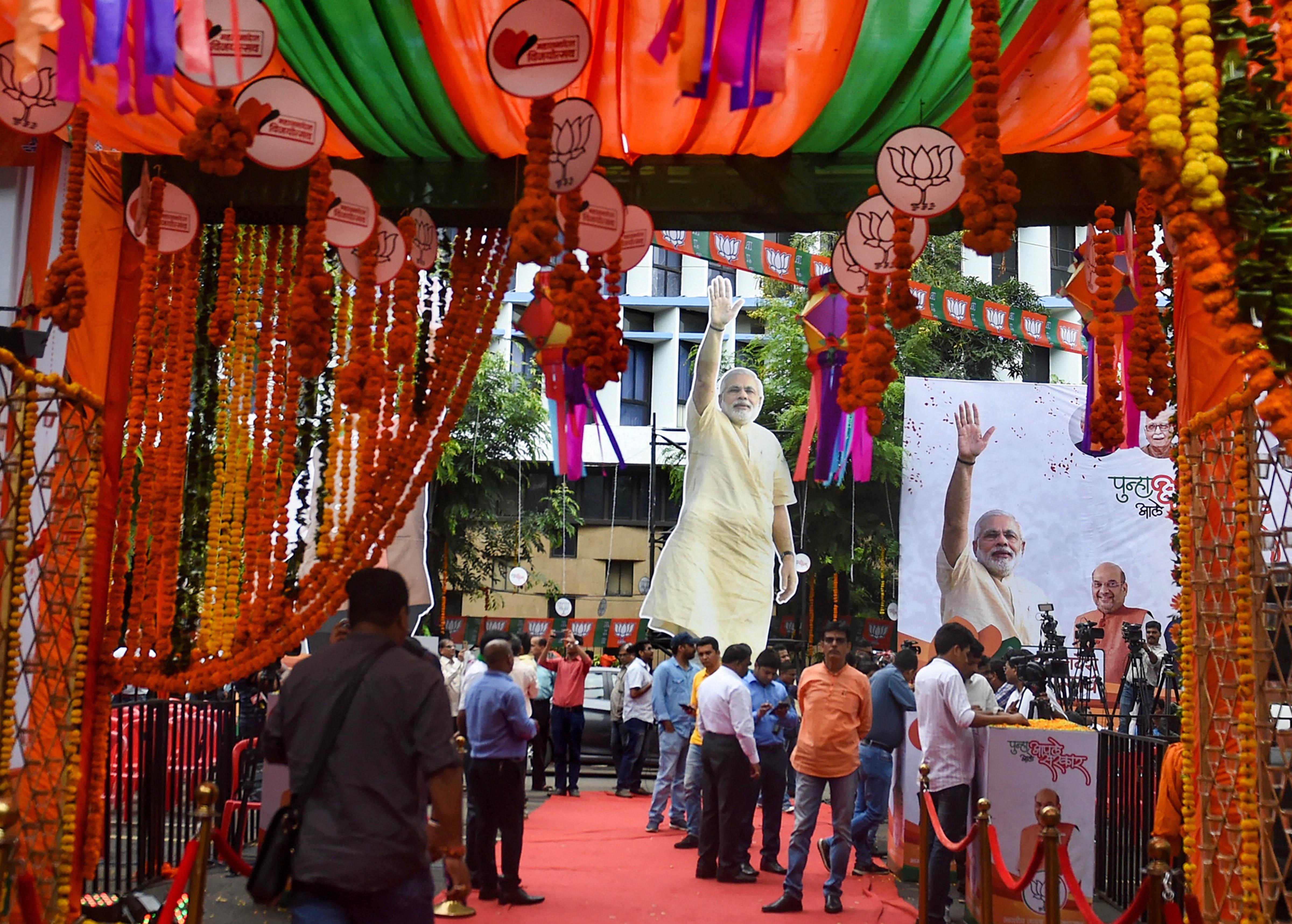 Preparations underway outside the BJP office as counting trends indicate the party's win in Maharashtra Assembly elections, in Mumbai, Thursday, October 24, 2019.
