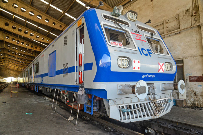 First AC train on Central Railways trans-harbour corridor between Thane and Panvel is stationed at Sanpada car shed ahead of its trial run, in Navi Mumbai, on Wednesday