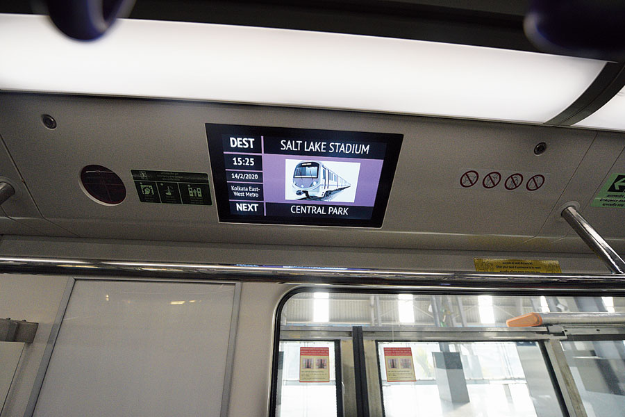 A display board inside an East-West Metro train