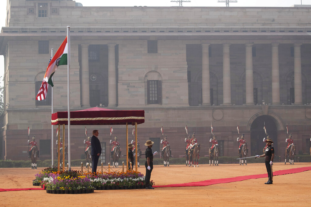 US President Donald Trump stands during a ceremonial reception at Rashtrapati Bhavan, the Indian Presidential Palace, in New Delhi, India, Tuesday