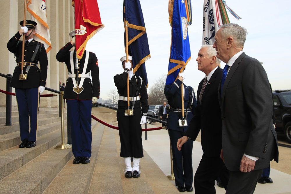 Defence Secretary Jim Mattis welcomes Vice President Mike Pence to the Pentagon, Wednesday, December 19, 2018. 