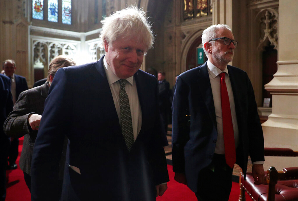 Boris Johnson and Jeremy Corbyn at the Houses of Parliament in London on December 19