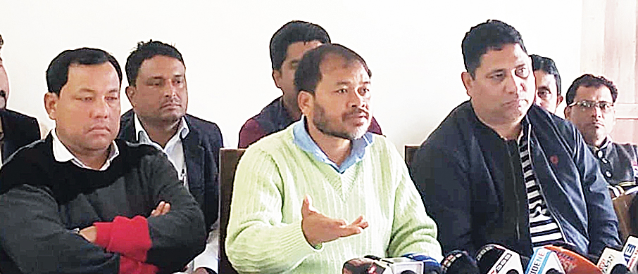 Akhil Gogoi addresses the news conference in Guwahati on Friday. 
