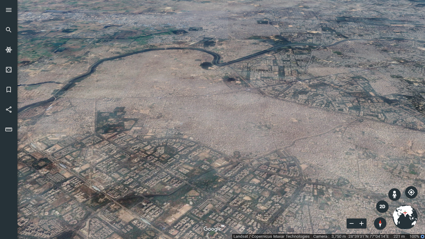 A Google Earth shot shows the contrast between the densely built Uttam Nagar, an unauthorised colony, and Dwarka, one of few planned neighbourhoods in Delhi.