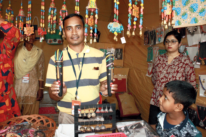 Mohan Karan with his product at Samvaad in Gopal Maidan, Jamshedpur, on Saturday. 
