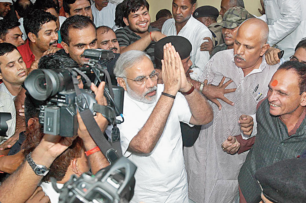 Narendra Modi in 2012. In TV interviews as prime minister, each interview has meant a blaze of publicity, and each question has been a peg on which to hang a long speech while the silent interviewer smiles ingratiatingly