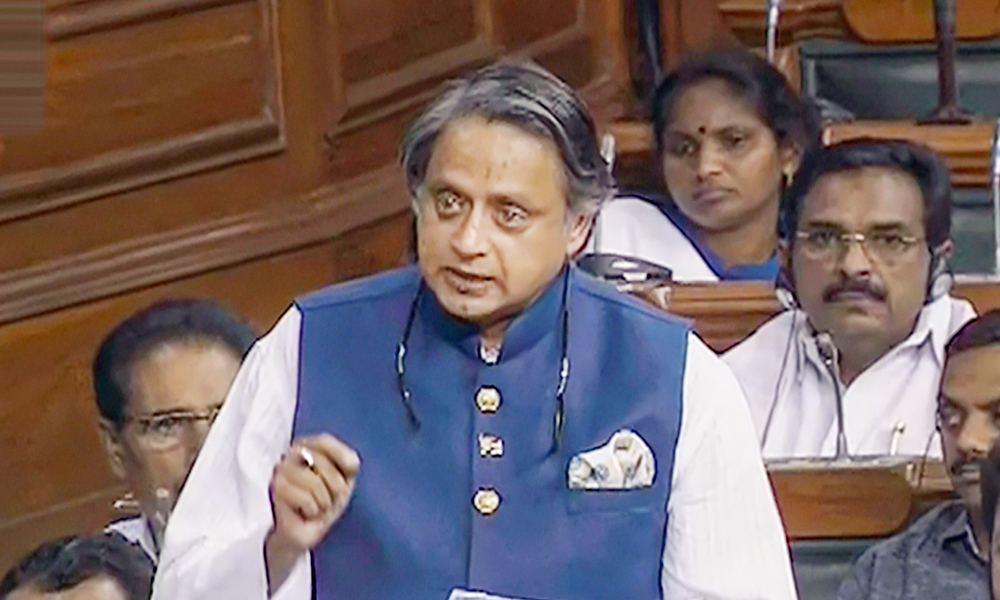 Congress MP Shashi Tharoor speaks in the Lok Sabha during the Budget Session of Parliament in New Delhi on Monday, July 8, 2019. 