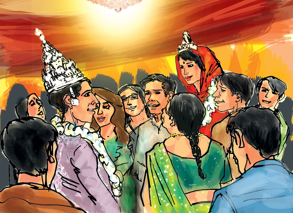 The bride had been hoisted high up by the four piri-lifters, higher than the groom’s shoulders and dangerously close to the chandeliers. Wait, Tilo narrowed her eyes. Was that Ronny Banerjee, sweating profusely as he balanced the piri?