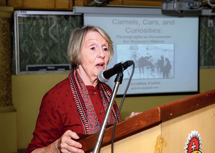 Historian Geraldine Forbes speaks at St Xavier’s College on Wednesday