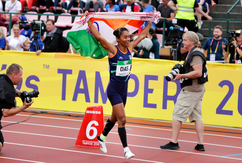File photo of Hima Das winning the gold medal in the 400 m race at the IAAF World U20 Championship in Tampere, Finland, on July 12, 2018.