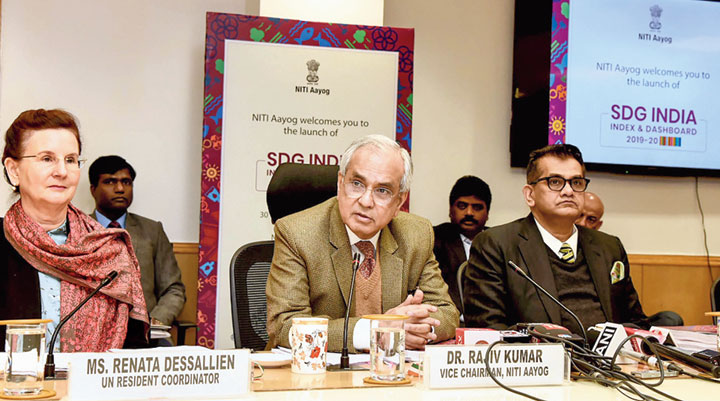 Niti Aayog vice-chairman Rajiv Kumar speaks during the launch of the SDG India Index in New Delhi on Monday