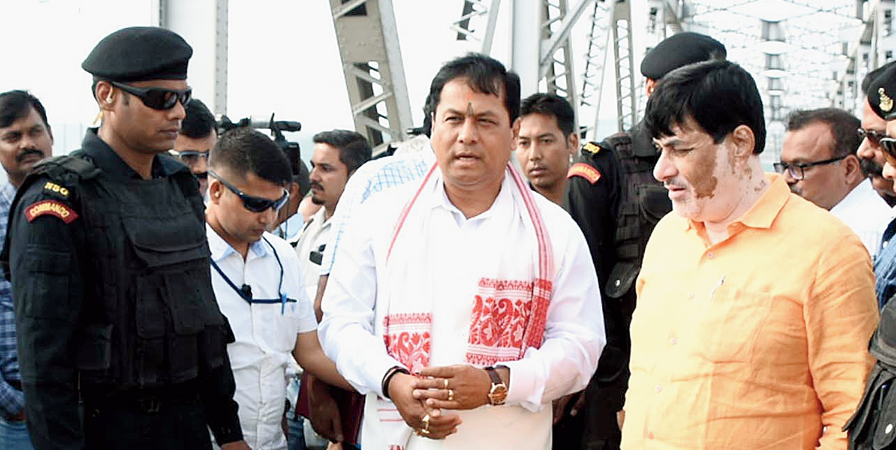Sarbananda Sonowal at the Saraighat bridge on Monday. 
