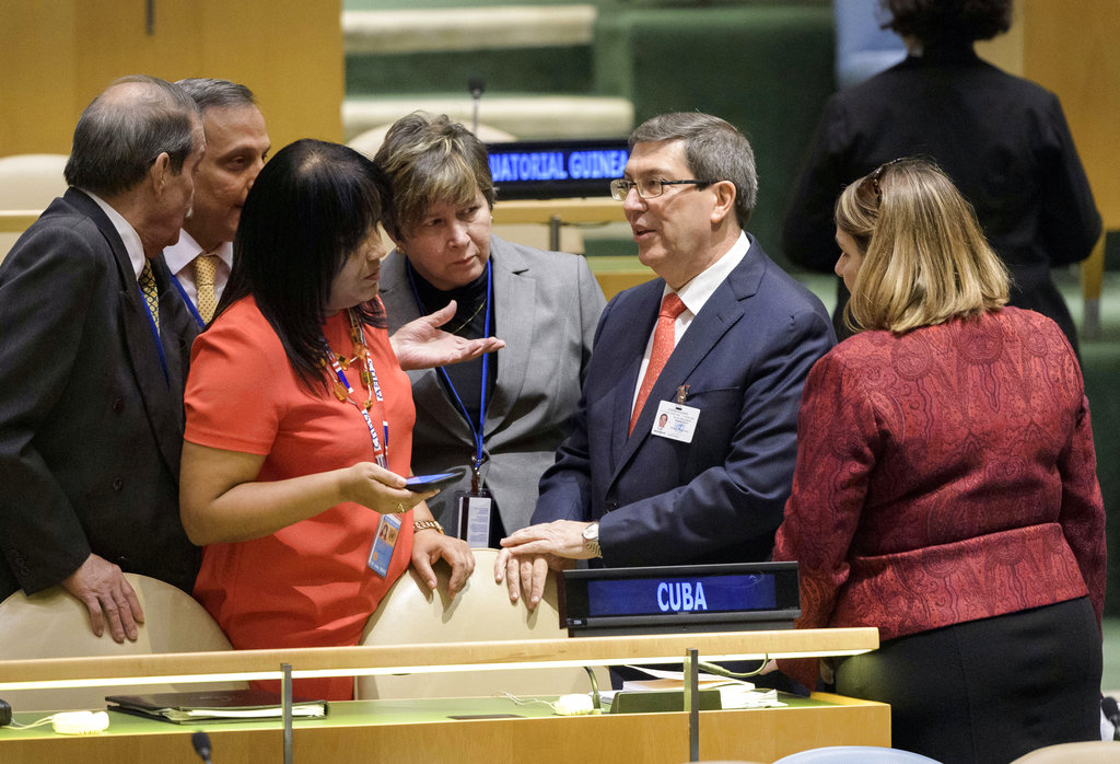 Cuba's United Nations ambassador Anayansi Rodríguez Camejo (second from left) and Cuba's foreign minister Bruno Rodríguez Parrilla (second from right) meet with the delegation in the General Assembly on Thursday.