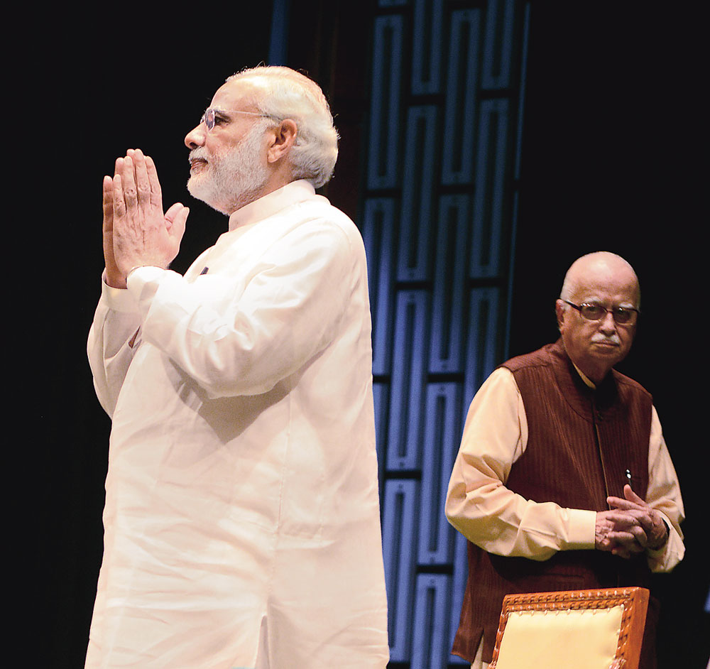 SELF LAST: Modi and Advani at an NDA meeting in the Parliament complex in August 2015. On Thursday evening, Modi responded to Advani’s blog and its title by tweeting: Advani Ji perfectly sums up the true essence of BJP, most notably the guiding Mantra of ‘Nation First, Party Next, Self Last’.