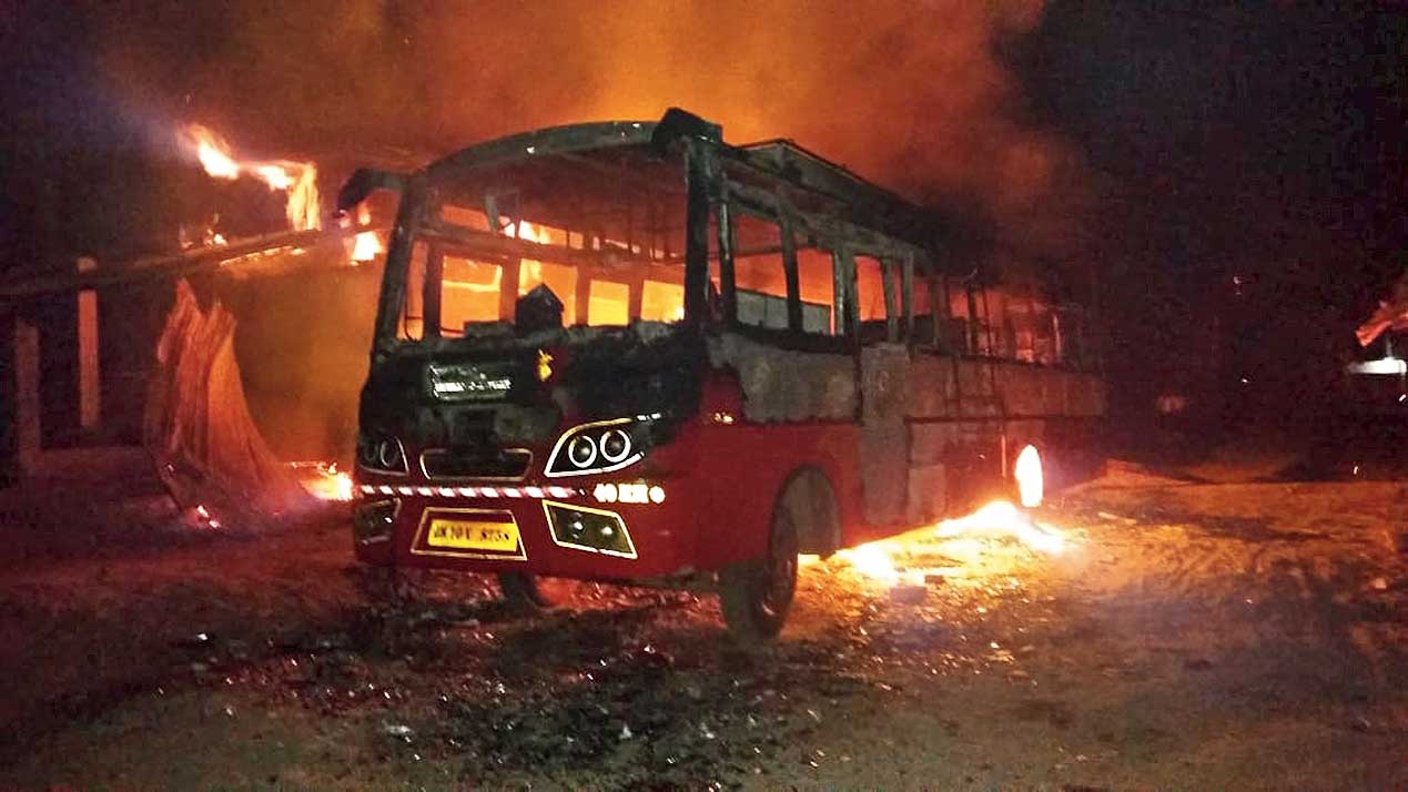 One of the buses set ablaze by the Maoists. 
