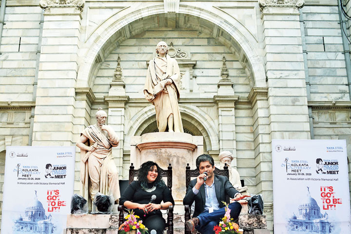 Yashica Dutt and (right) Keshava Guha discuss the former’s book at Victoria Memorial on Thursday. 