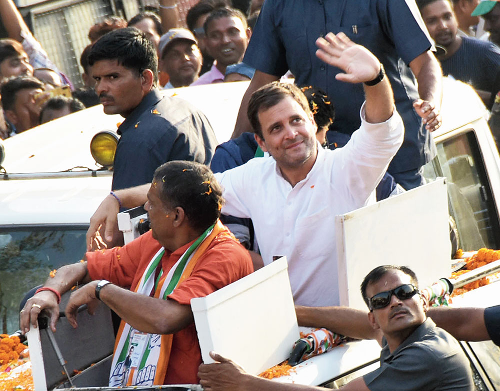 Rahul waves at the crowd in Dhanbad